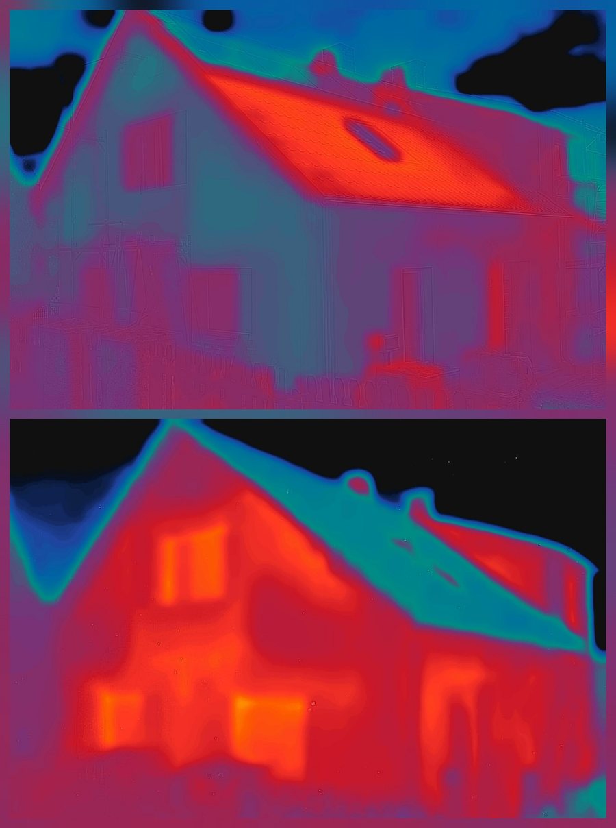 Two thermal images of the same residential building, one above the other, before and after coating
